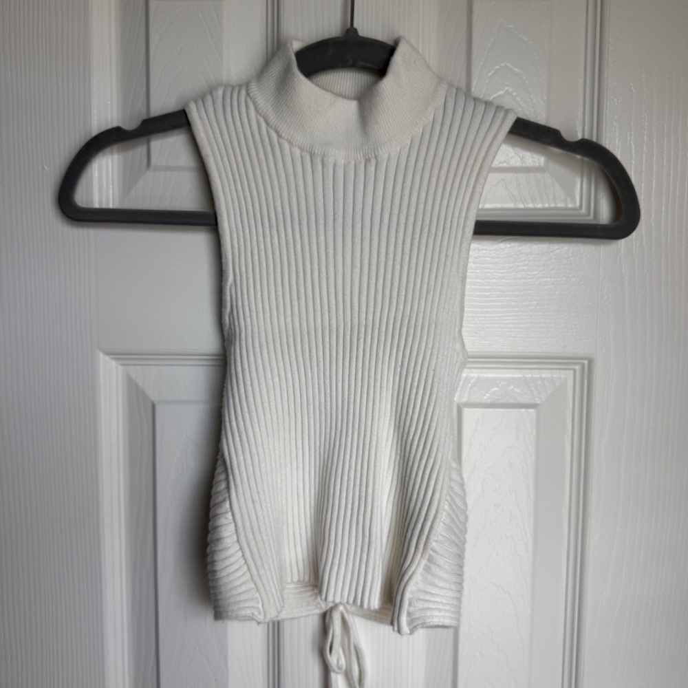PRINCESS POLLY Knit Open Back Tank Blouse High Neck White Ribbed Evening Top S/M